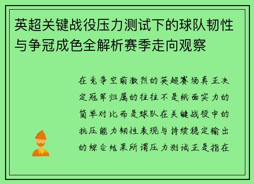 英超关键战役压力测试下的球队韧性与争冠成色全解析赛季走向观察 英超关键战役压力测试下的球队韧性与争冠成色全解析赛季走向观察