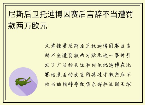 尼斯后卫托迪博因赛后言辞不当遭罚款两万欧元